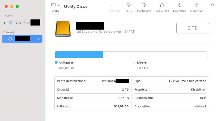 Schermata dell'utility disco di macOS, che consente di riparare un hard disk esterno