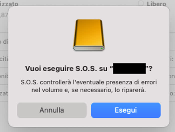 Schermata della finestra di conferma dell'utility disco di macOS, che consente di riparare un hard disk esterno