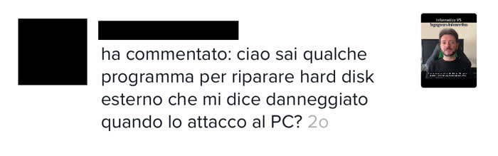 Commento TikTok in cui mi si chiede come riparare un hard disk esterno