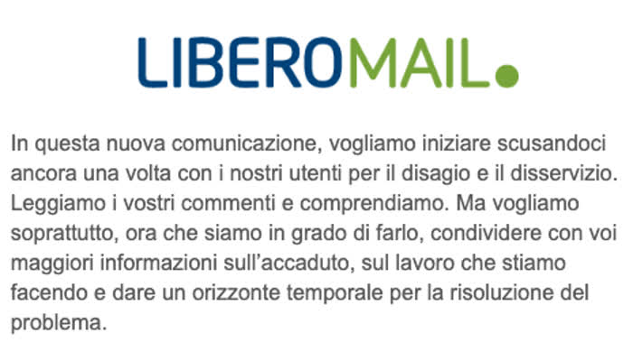 Risarcimento Libero Mail - La home page del servizio, col messaggio di scuse da parte dell'azienda