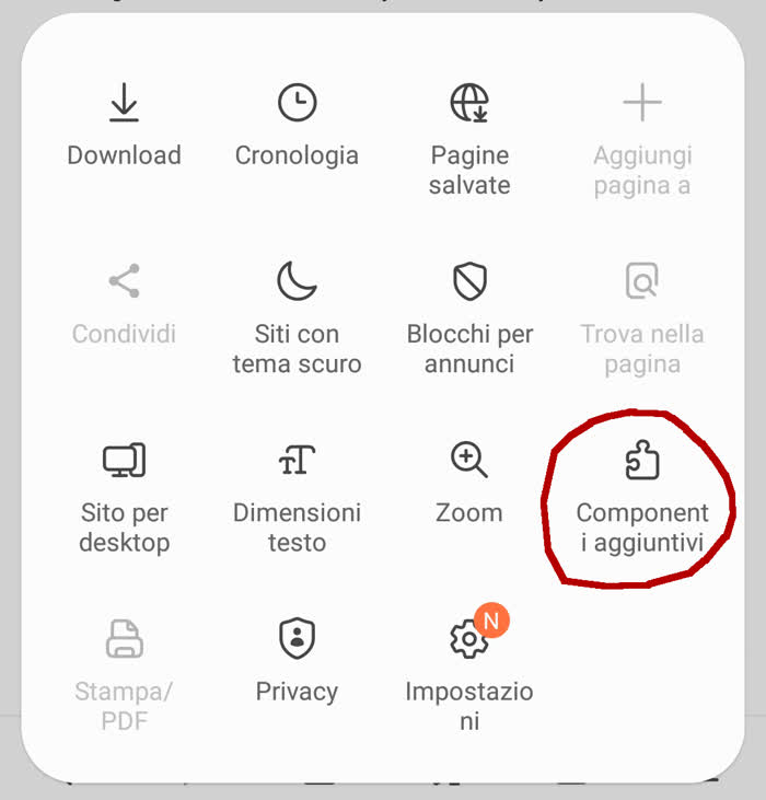Samsung internet browser - Schermata dal quale installare i componenti aggiuntivi