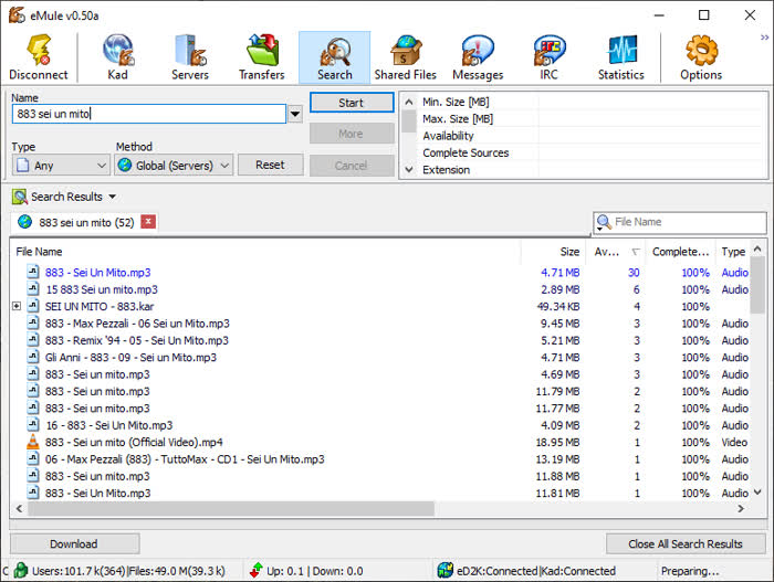 Scaricare musica gratis - Interfaccia di eMule dopo aver premuto sul tasto "search"