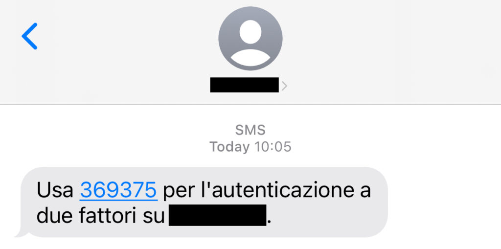 SIM Swap - un messaggio SMS con un codice di autenticazione a due fattori