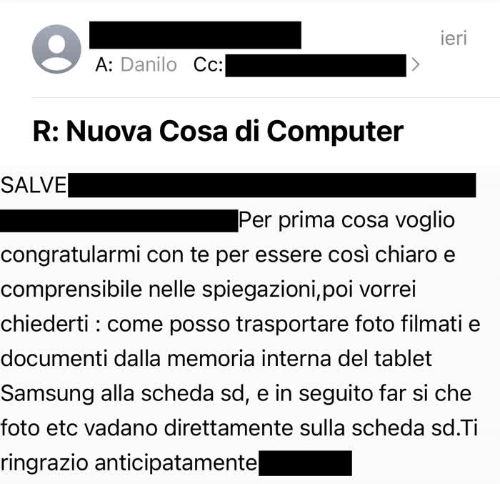 Mail in cui mi si chiede come spostare le foto su scheda SD