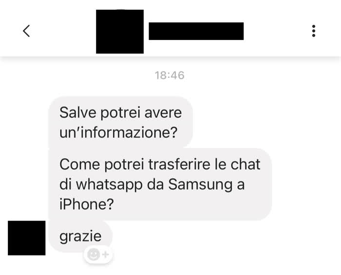 Richiesta di cosa di computer in cui mi si chiede come trasferire chat WhatsApp da Android a iPhone