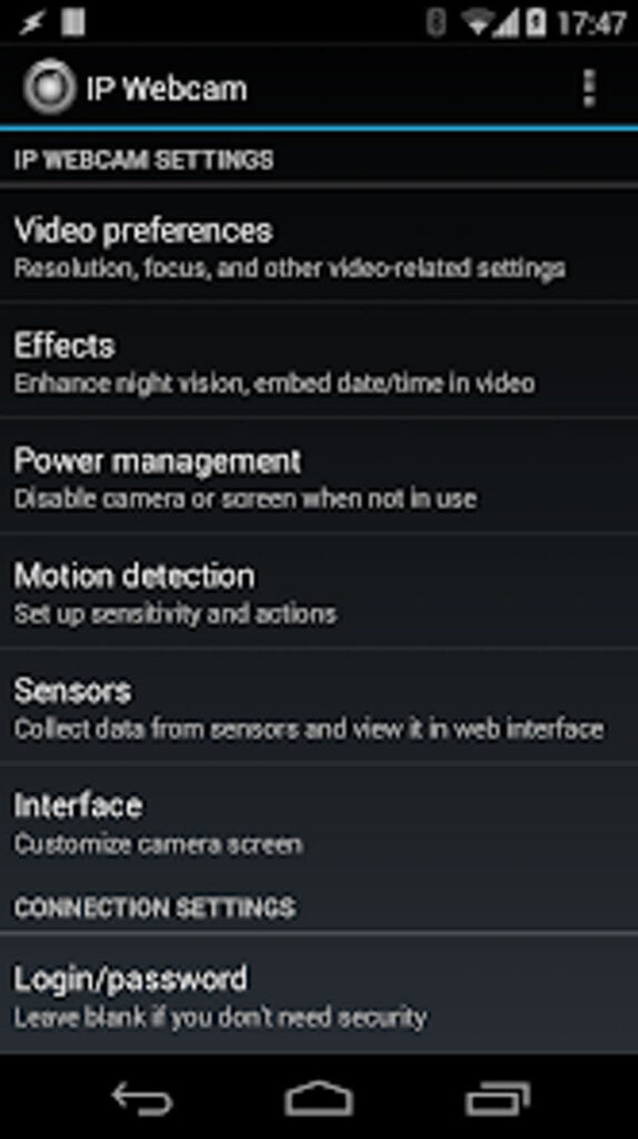 Schermata di IP Webcam, un'app per trasformare un cellulare in una telecamera di sorveglianza