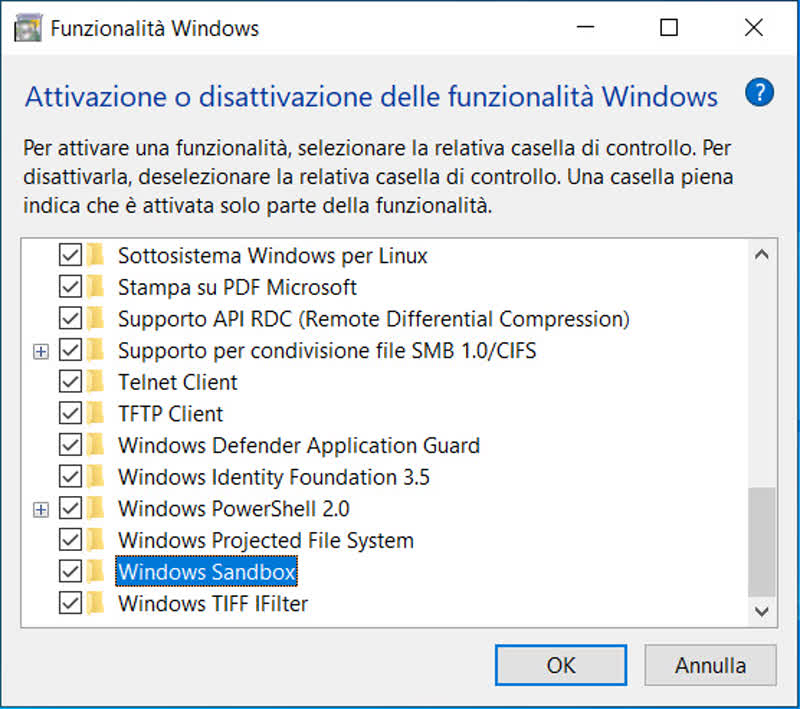 Schermata di attivazione della Windows Sandbox